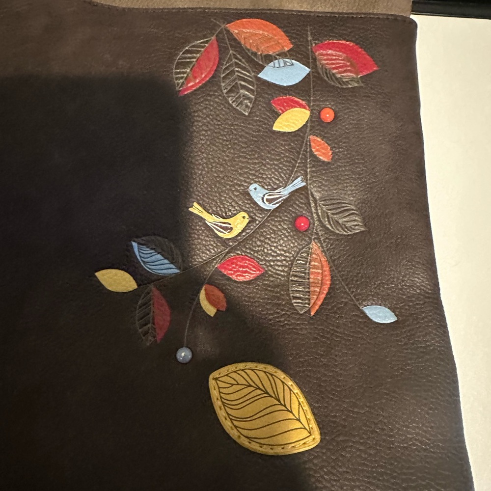 Espe Canadian Made Brown handbag with Colorful Leaf and Bird Design.